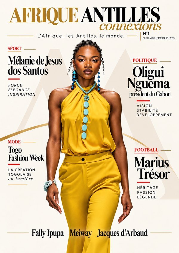Couverture d’Afrique Antilles Connexions n°1, septembre-octobre 2026 : Mélanie de Jesus dos Santos en une, avec Oligui Nguema, la Togo Fashion Week, Marius Trésor, Fally Ipupa, Meiway et Jacques d’Arbaud.
